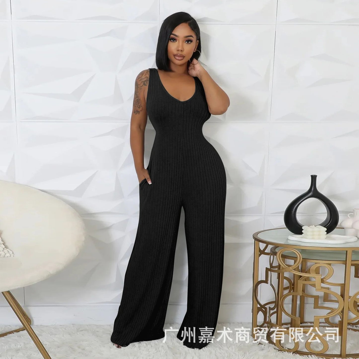 Trendy Solid Color Elastic Wide Leg Jumpsuits (2pcs.)