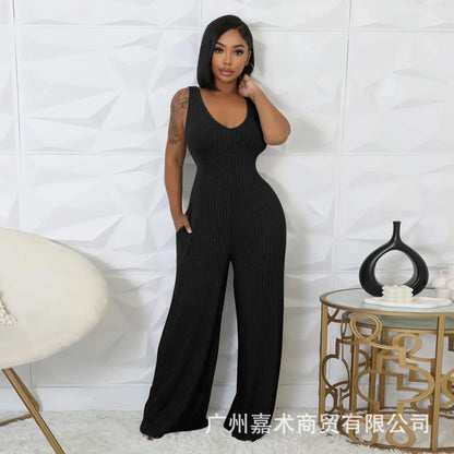 Trendy Solid Color Elastic Wide Leg Jumpsuits (2pcs.)