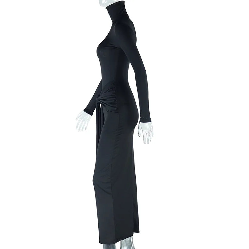 Bezel High Collar Long Sleeve Bandage Ruched Hip Maxi Long Dresses