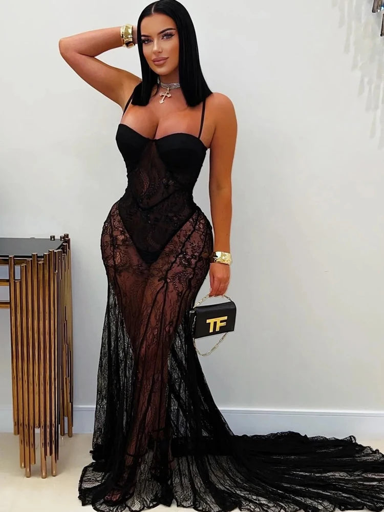 Beautiful See-Through Lace Floral Perspective Sheer Mesh Night Dress Sleepwear
