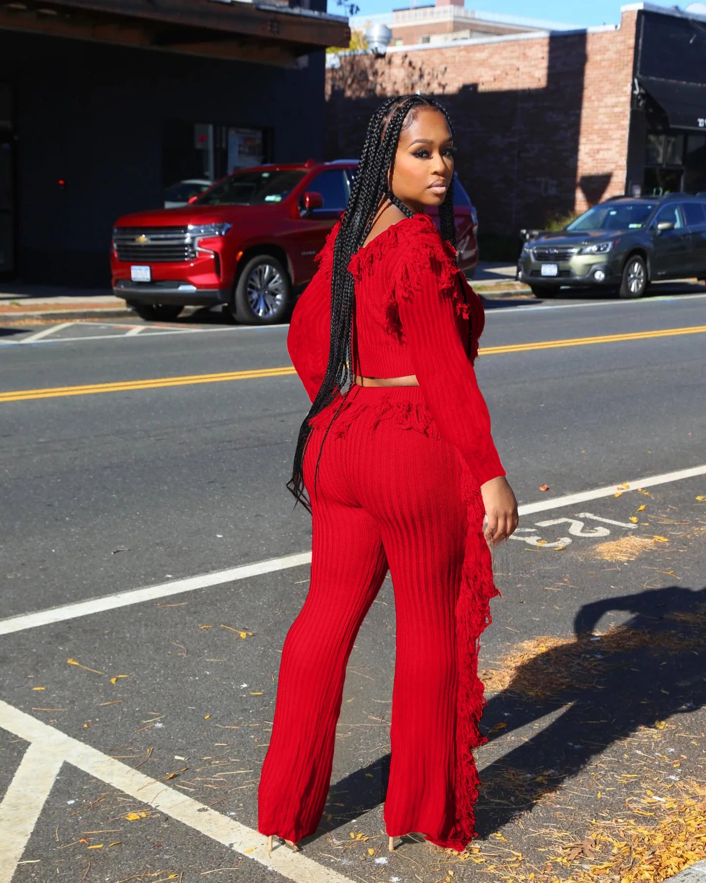 Brittney Tassel Knit Long Sleeve Crop Top and Pants Sets