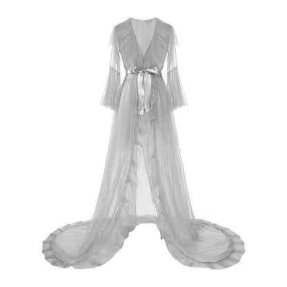 Ruffled Trim Long Tulle Robe Femme Nightwear Nightdress