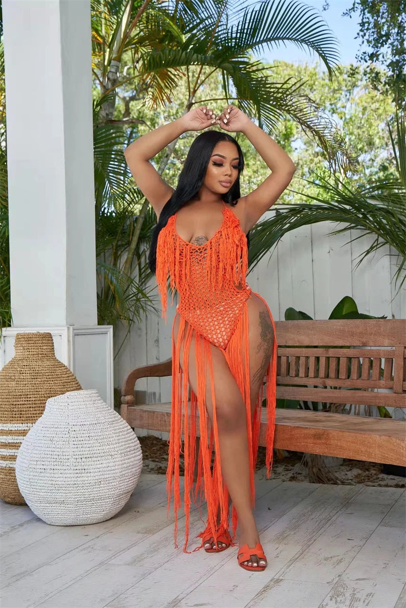 Knitted Tassel See Through Holiday Beach Bodysuits