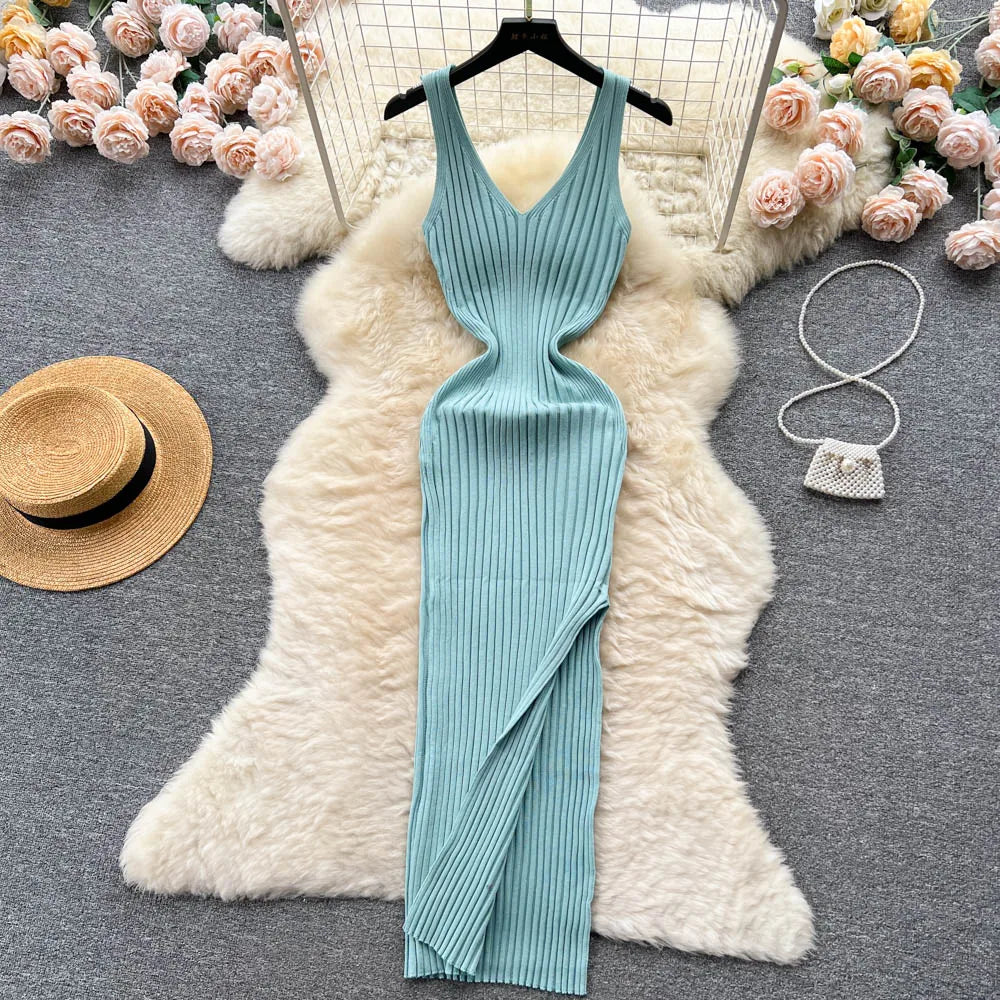 Chic Fashion Sexy Wrap Hips Split Knitted Slim Elastic Bodycon Maxi Dresses