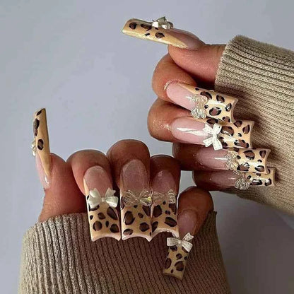 24Pcs Long Square Press on Nails Leopard Print French 3D Cherry Design False Nail Rhinestone Wearable Full Cover Fake Nails Tips