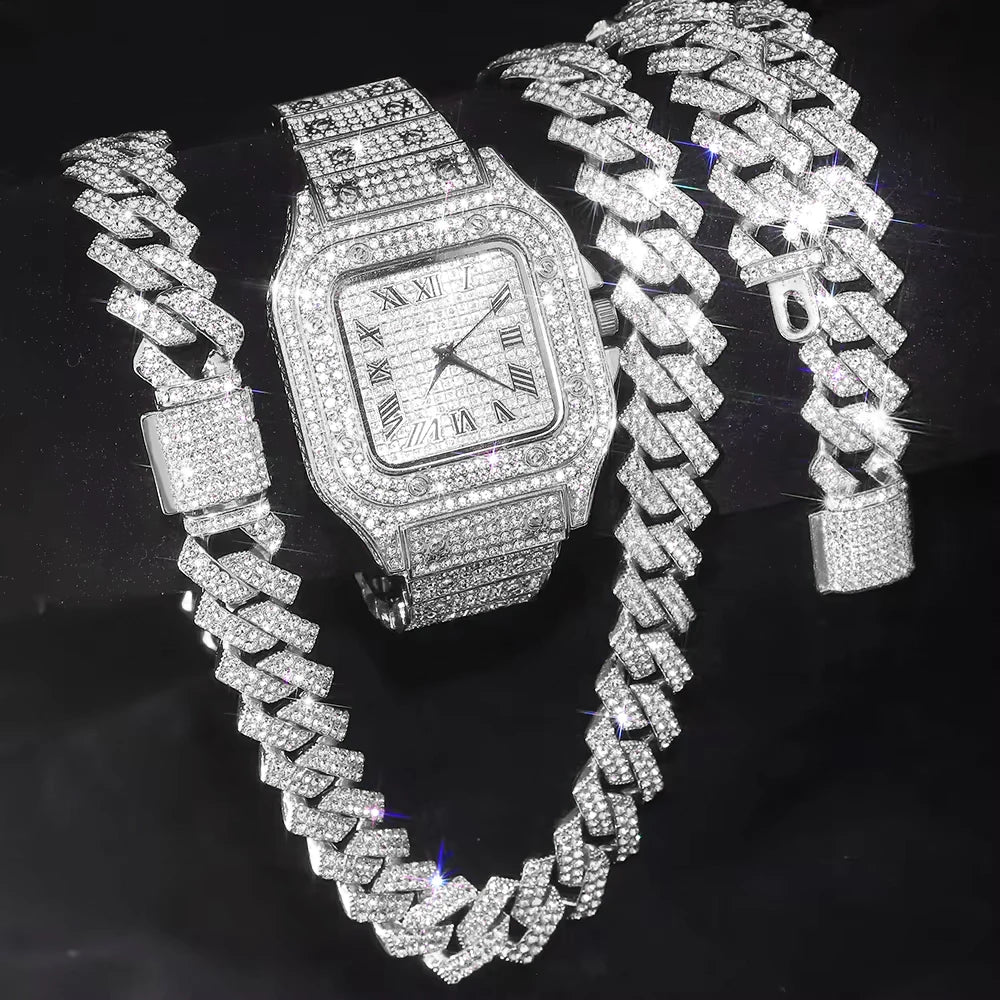 3pcs Set Hip-hop Punk Inlay Diamond Square Watch+Cuban Chain+Bracelet Comes With Strap Adjuster Stylish Jewelry
