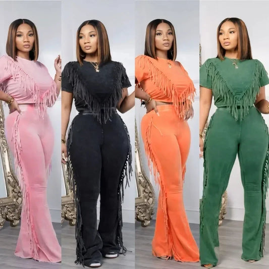 Nyla Solid Tassel 2 Piece Set Short Sleeve T-shirts Crop Top + High Waist Flare Pants Tracksuits