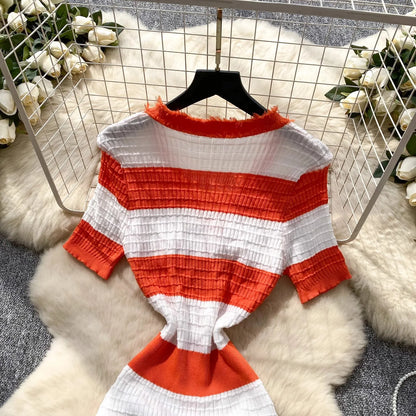 Chic Knitted Slim Waist Office Lady Sweater Maxi Dresses