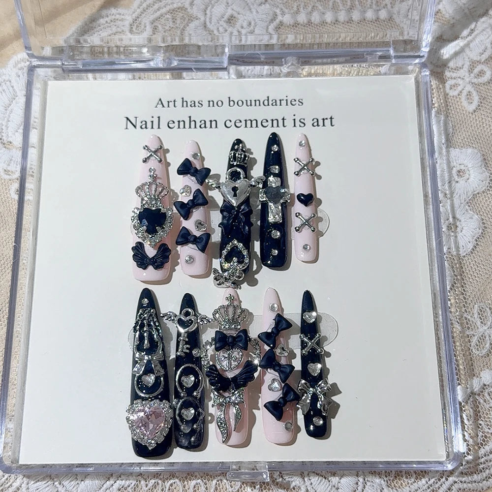 3D Handmade Long Coffin Stiletto Fake Nail Flowers Cat's Heart Diamond Metal Bow