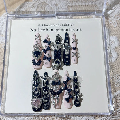 3D Handmade Long Coffin Stiletto Fake Nail Flowers Cat's Heart Diamond Metal Bow