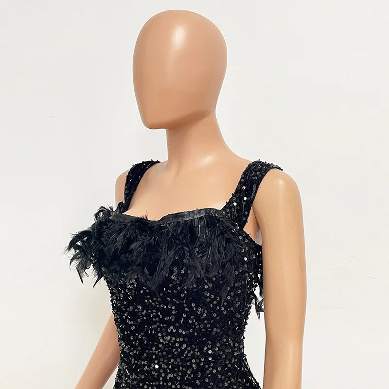 Short Sequins Halter Feathers Spicy Dresses