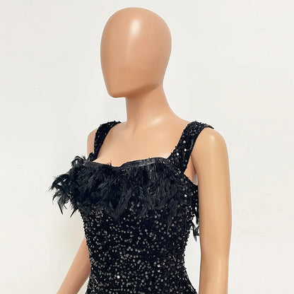 Short Sequins Halter Feathers Spicy Dresses