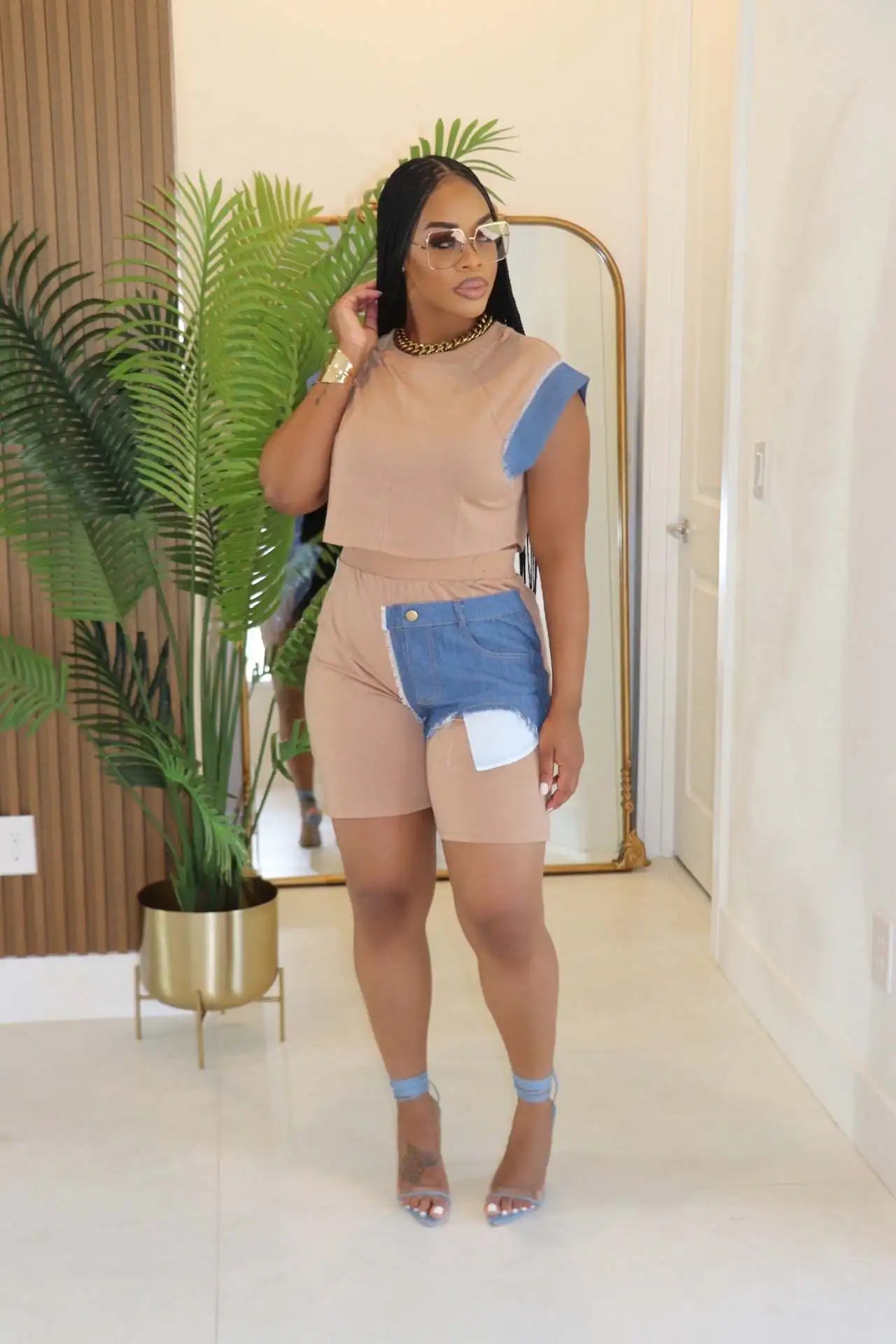 Patchwork T-shirt + Shorts Active Two Piece Sets