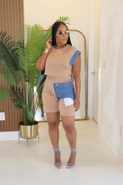 Patchwork T-shirt + Shorts Active Two Piece Sets