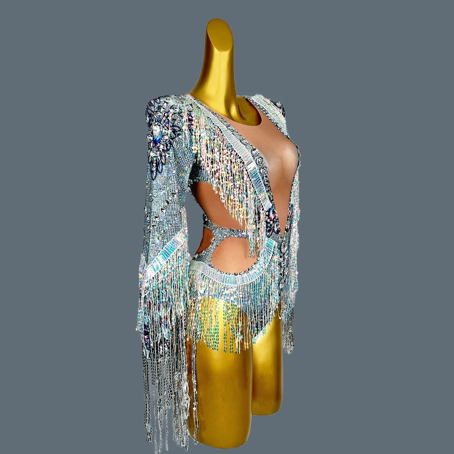 Rhinestone Sequins Tassel Dance Bodysuit Stretch Dance Fringes Jumpsuit