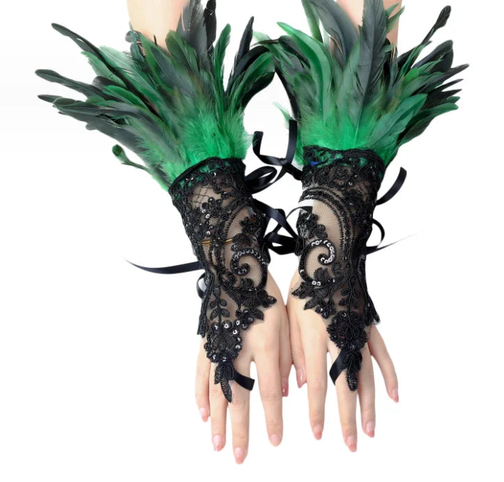 Daniella Feather Cosplay Lace Wrist Gloves (Furry Accessories)