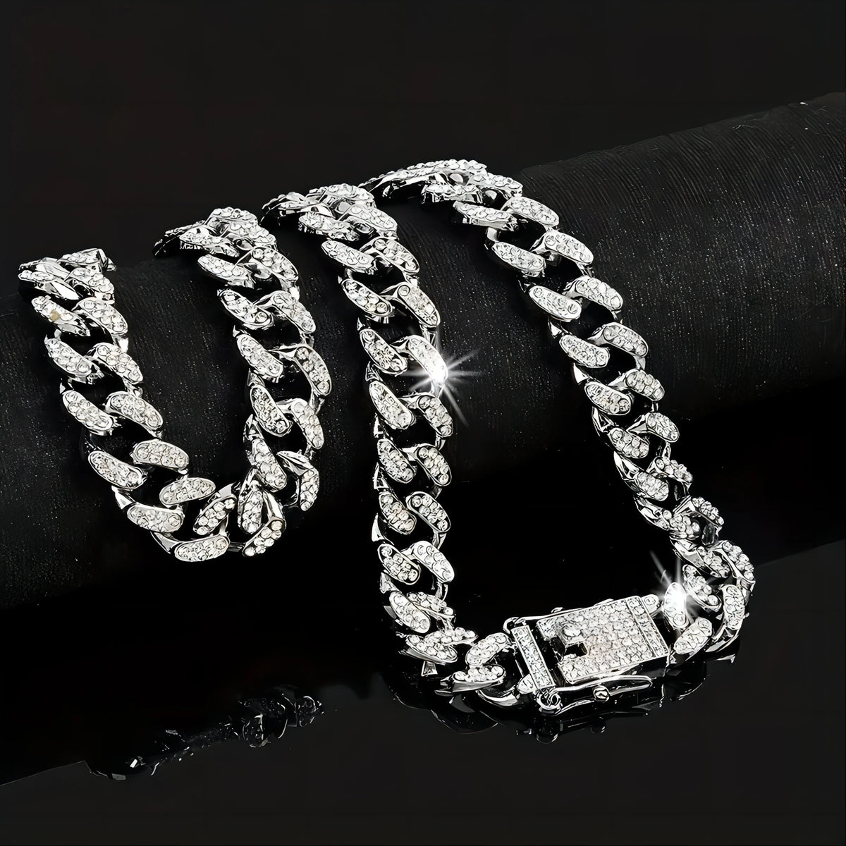 Punk Cuban Chain Stylish Sliver Cuban Chain+Bracelet 2-in-1 Set Personality Trend Street Style Jewelry Gift