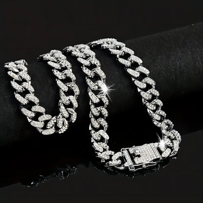 Punk Cuban Chain Stylish Sliver Cuban Chain+Bracelet 2-in-1 Set Personality Trend Street Style Jewelry Gift