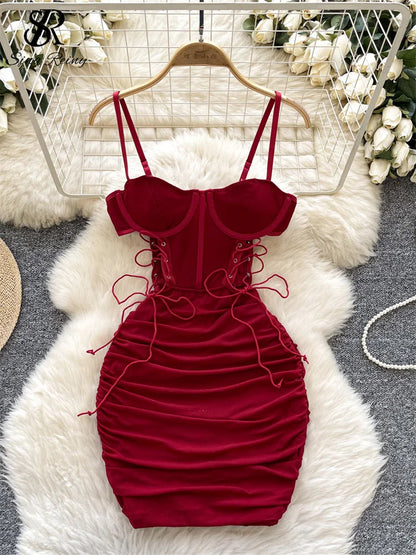 Strapless Lace Up Hollow Out Design Pleated Bodycon Dresses
