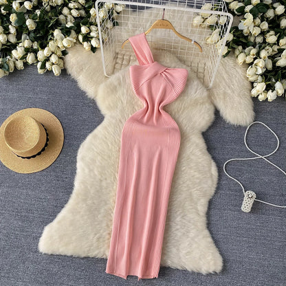 Single Shoulder Ink Knit Dress Backless Tank Striped Slim Bodycon Sundress Women Summer Beachwear Sexy Chic Vestidos