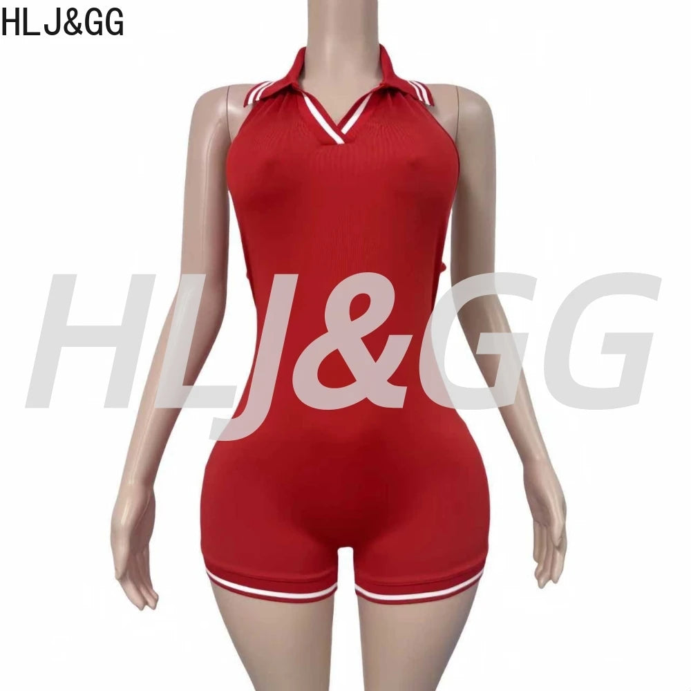 Stripe Halter Lapel Sleeveless Backless Bodycon Jumpsuits