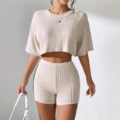 Stretchy Solid Cropped Crew Neck T-Shirt Top + Short Sets