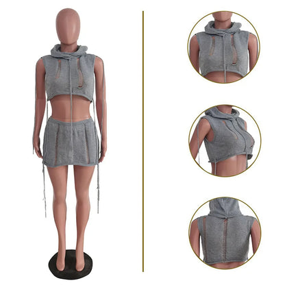 Crochet Knit Hole Hooded Crop Top + Mini Skirts Sets