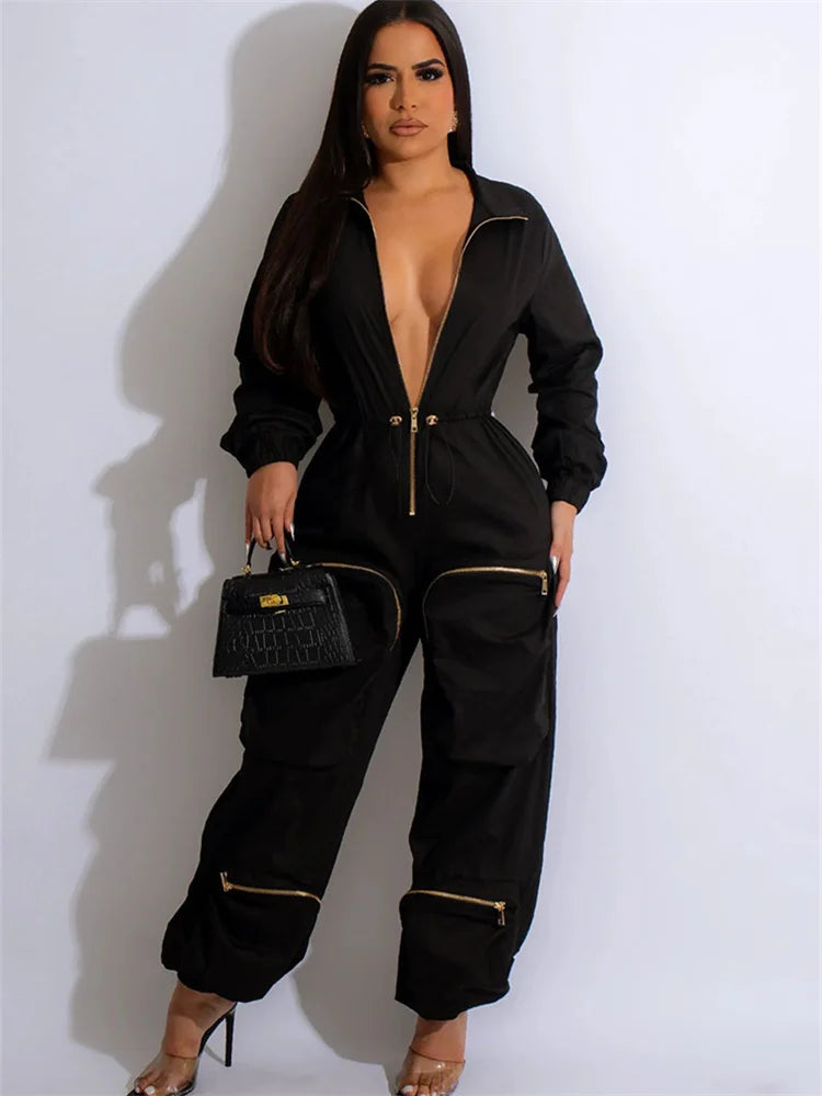 Camino S-2XL Solid One Piece Outfits Zipper Cargo Jumpsuit (1pc)