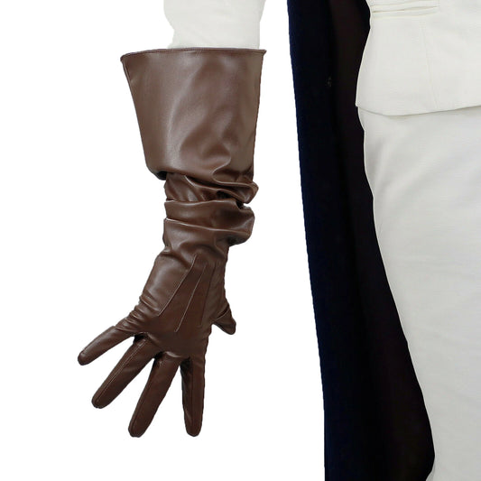 Dora Brown Leather Gloves Oversize Big PUFF SLEEVE Faux PU Over Outfit Coffee Loose L Winter Warm Club Halloween Cosplay Glove