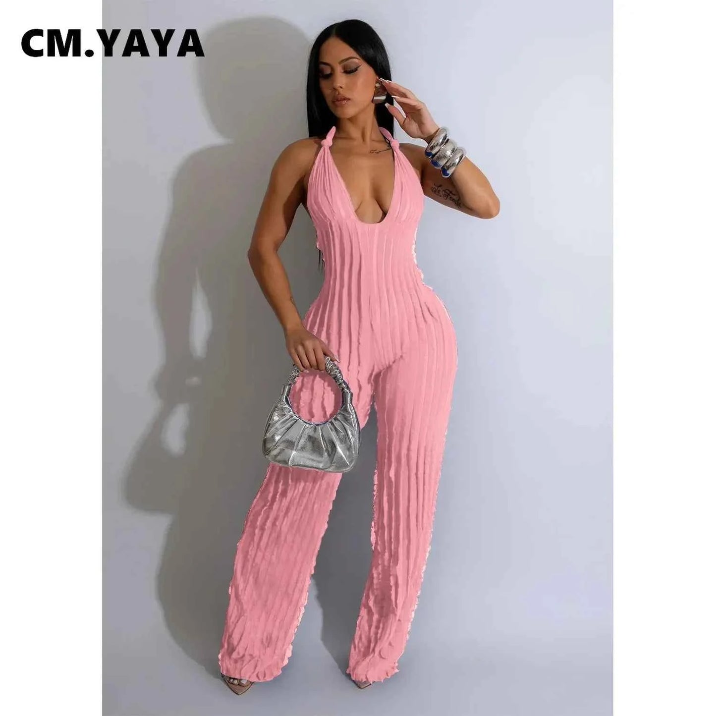 Ruffles Deep V-neck Halter Backless Wide Leg Jumpsuits