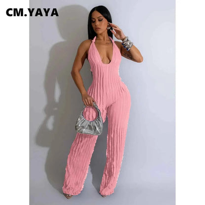 Ruffles Deep V-neck Halter Backless Wide Leg Jumpsuits