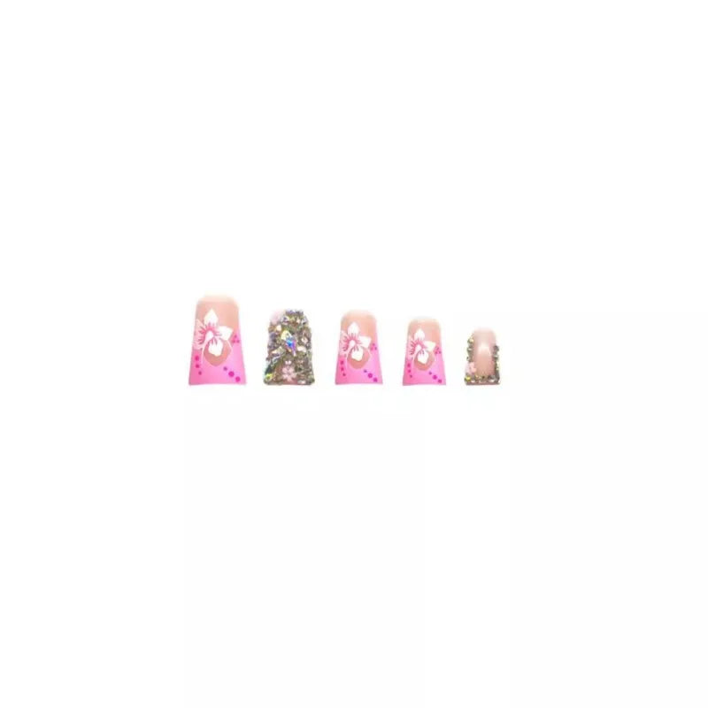 24pcs Duck False Nails with Tools Medium Fashion Diamonds Decorative Realistic Nails Press on Sweet Flowers Artificial Fake Nail