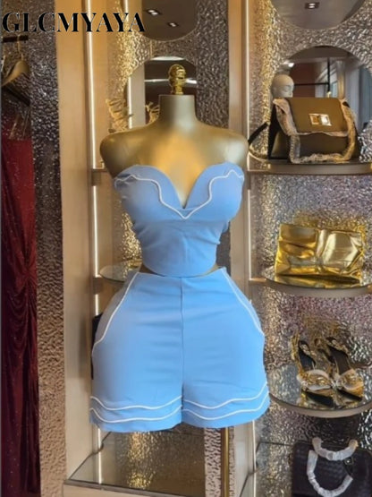 Fashion Striped Strapless Crop Top + Short Sets (2pcs)