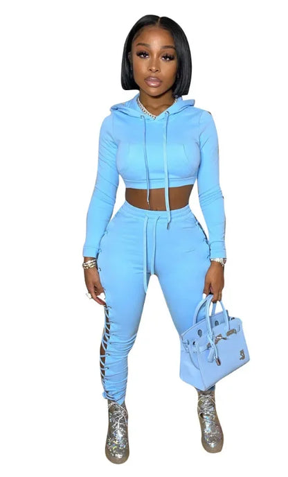 Cross-Border Tied Tops + Pants Hollow Sets(2 Piece Set)