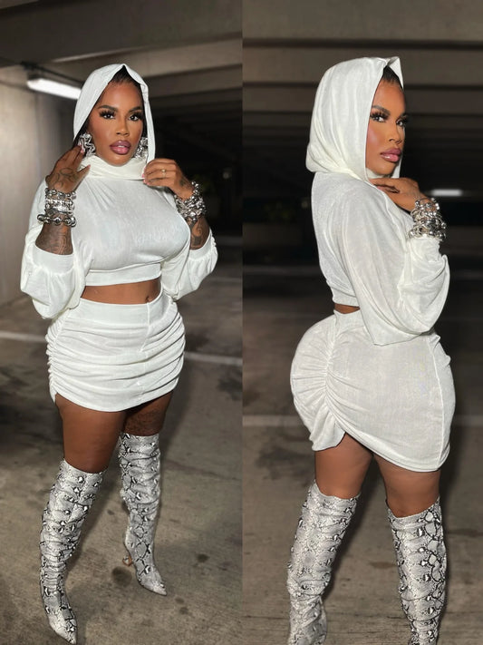 Lantern Sleeve Hooded Pullover Top + Ruched Bodycon Mini Skirt Set