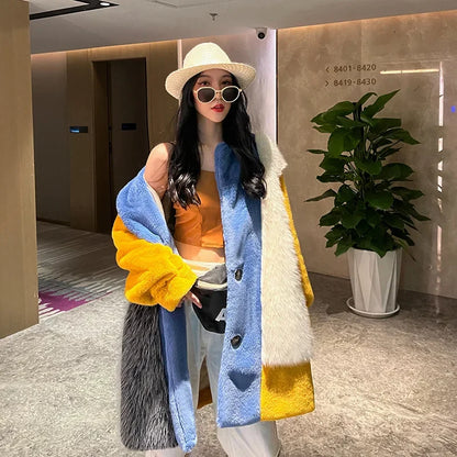 Winter Faux Fur Jackets for Women Furry Warm Splicing Contrast Color Blue Faux Fur Coat Long Jacket Cardigan Women