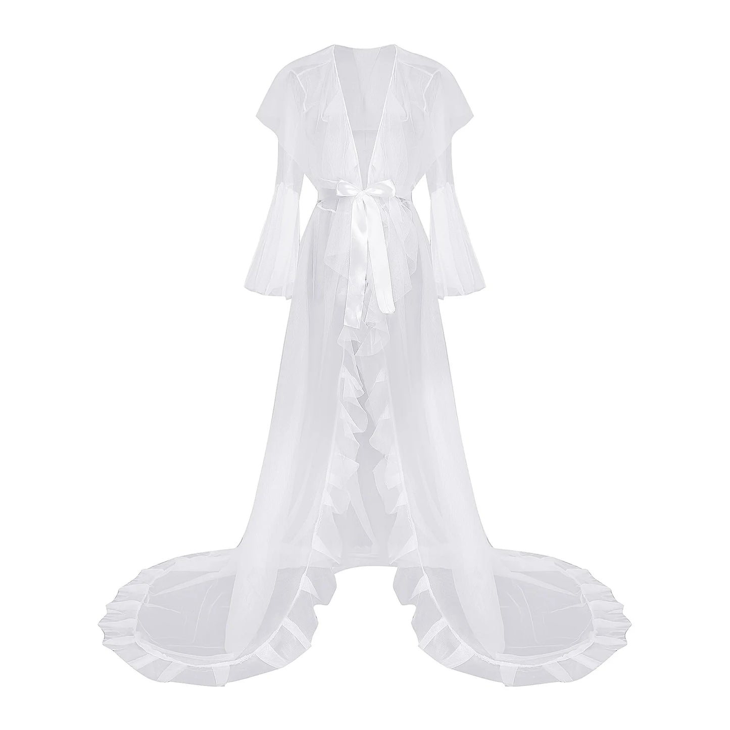 Ruffled Trim Long Tulle Robe Femme Nightwear Nightdress