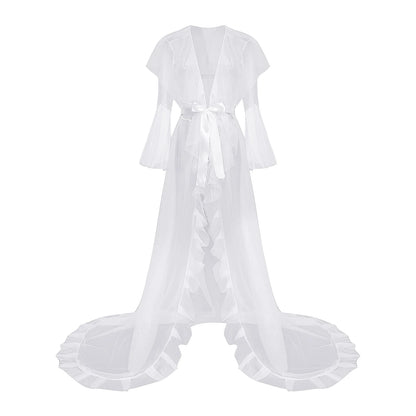 Ruffled Trim Long Tulle Robe Femme Nightwear Nightdress