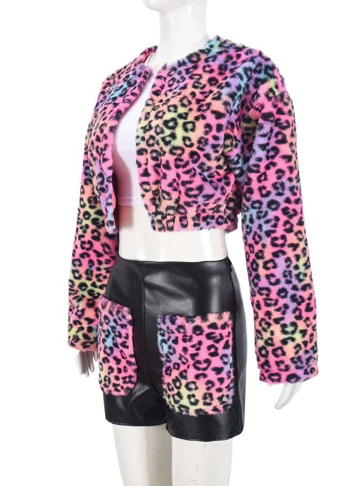2 Piece Set Attractive Matching Outfits Open Stitch Full Sleeve Crop Coats + Fur Pockets Patchwork Short Sets