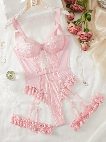 2pcs Red Floral Lace Garter Lingerie Set With Choker Underwire Bra And Thongs Ladies Underwear Set