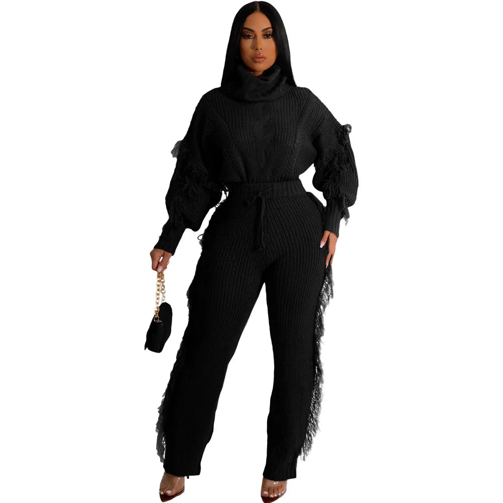 Ty'Anna Knitted Long Sleeve Pullover Top + Sweater Pant Set(Suit)