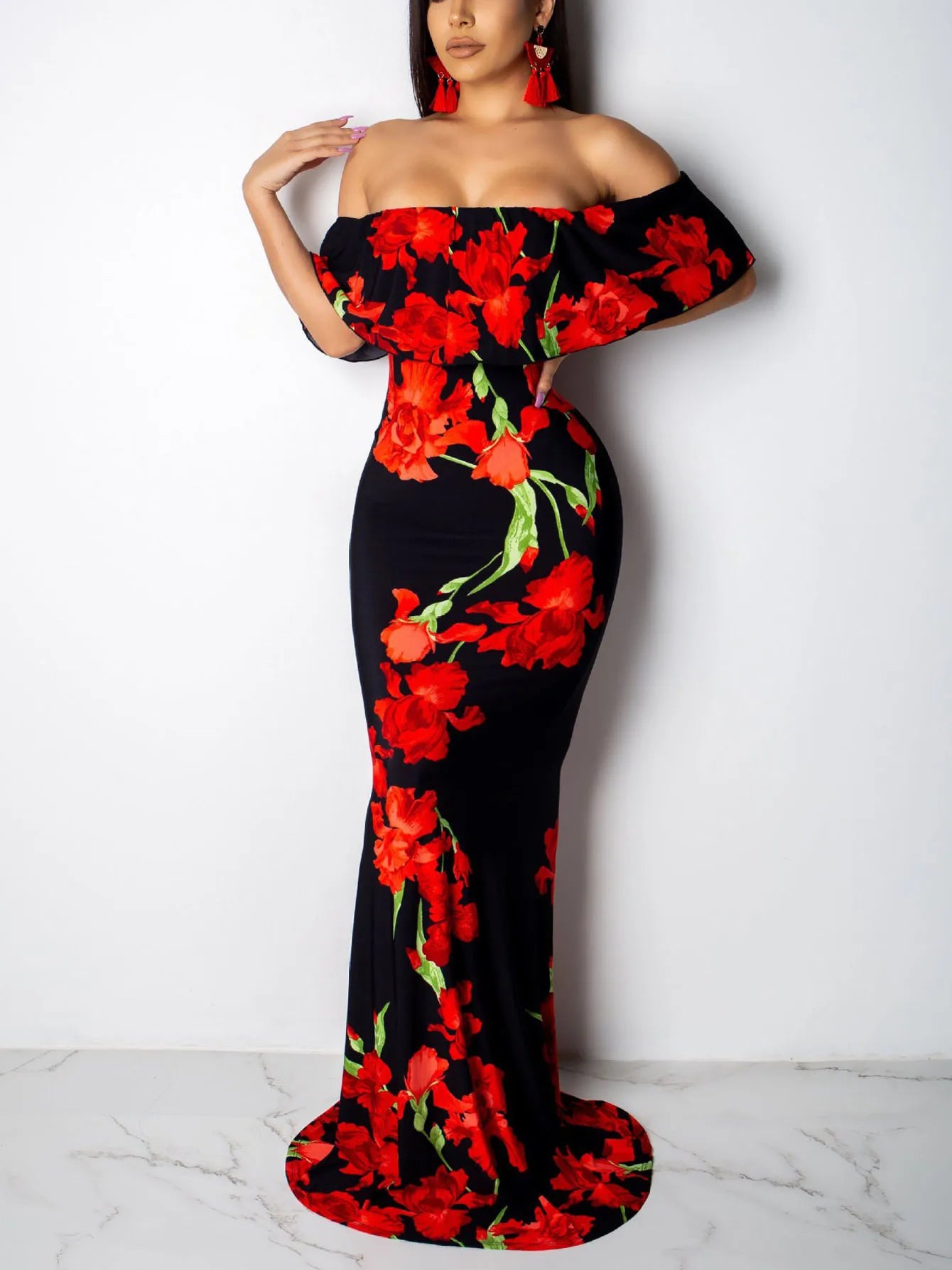 Rose Sunflower Floral Print Strapless  Bodycon Slash Neck Off Shoulder Short Sleeve Polyester Xtra Maxi Dress