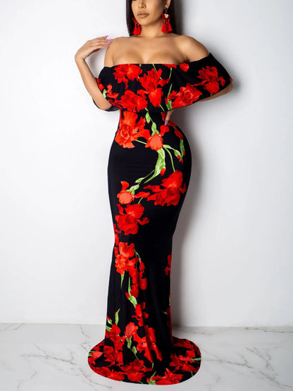 Rose Sunflower Floral Print Strapless  Bodycon Slash Neck Off Shoulder Short Sleeve Polyester Xtra Maxi Dress