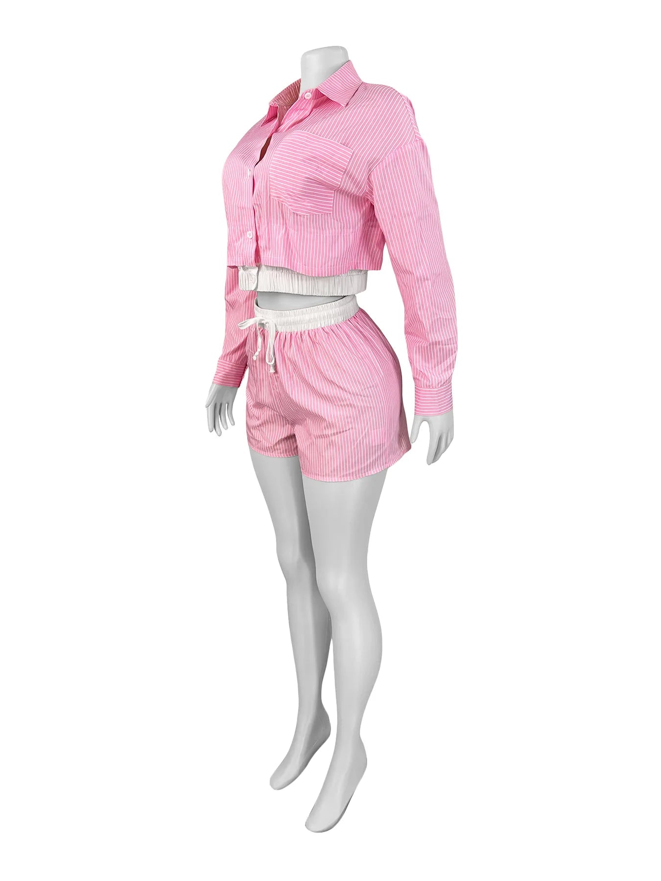 Stripe Single-Breasted Blouse+Drawstring Short Sets