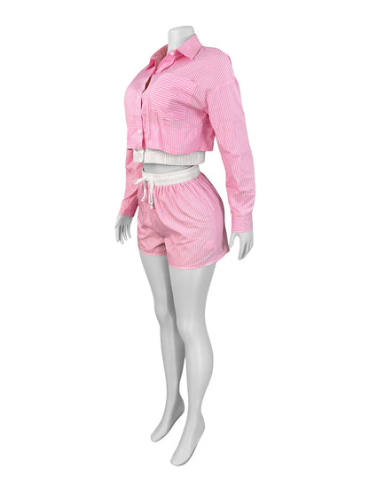 Stripe Single-Breasted Blouse+Drawstring Short Sets