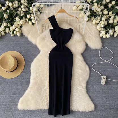 Single Shoulder Ink Knit Dress Backless Tank Striped Slim Bodycon Sundress Women Summer Beachwear Sexy Chic Vestidos
