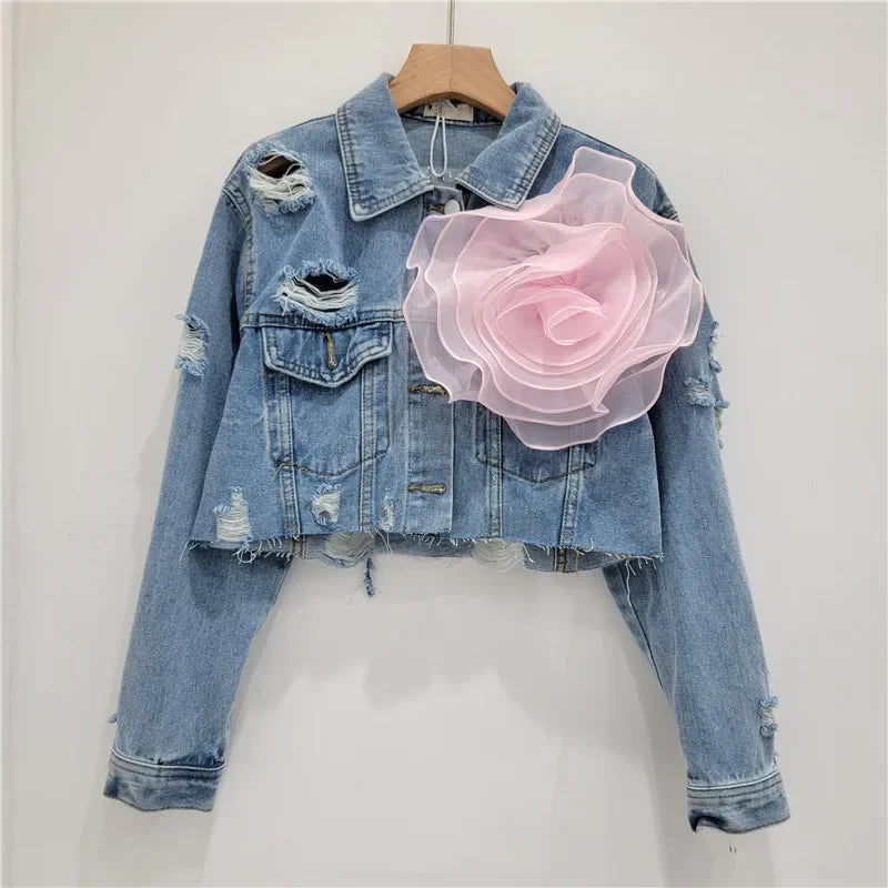 Ashana 3D Flower Washed Long Sleeve Single Breasted Denim Jacket