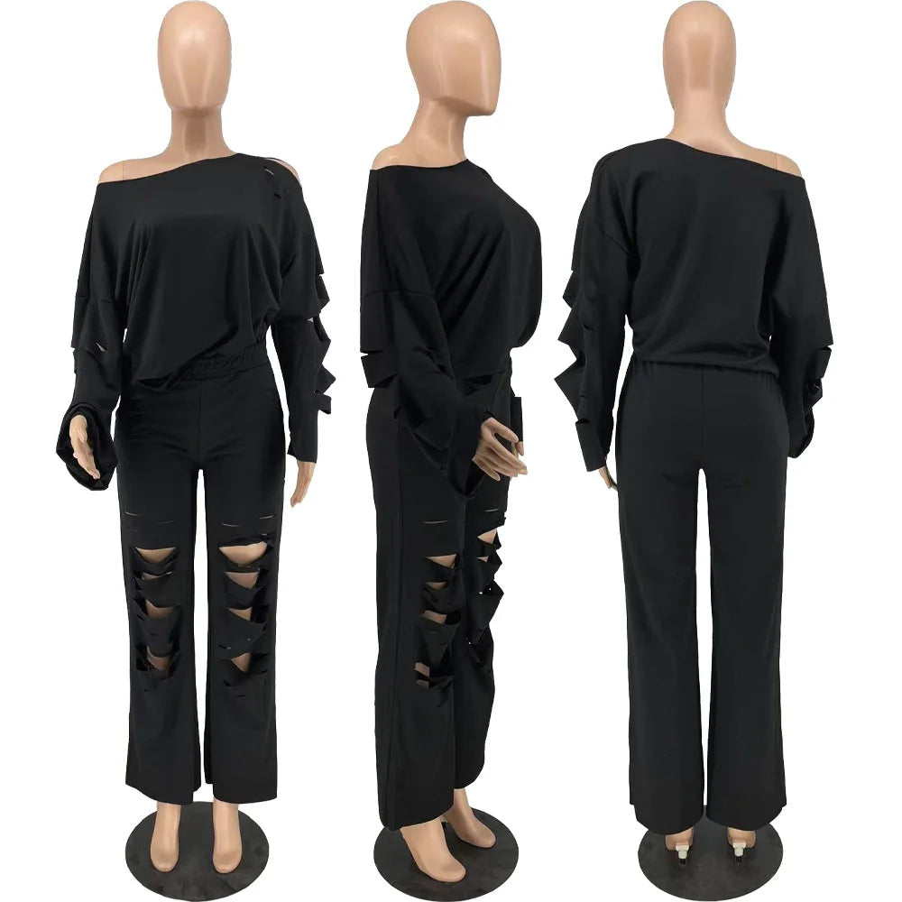 Oliva's Round Neck Pullover Hole Solid Pant Sets