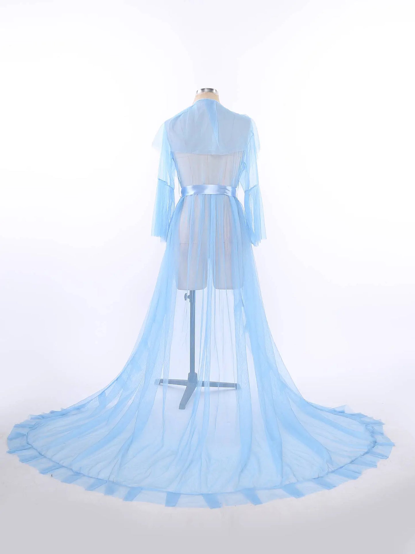 Ruffled Trim Long Tulle Robe Femme Nightwear Nightdress