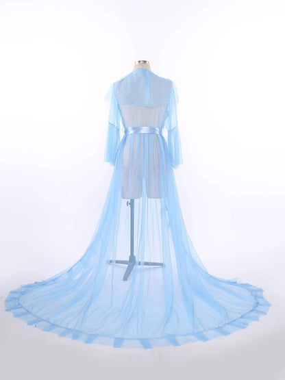 Ruffled Trim Long Tulle Robe Femme Nightwear Nightdress